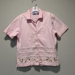 Y2K Jane Ashley Womens Top Medium Pink Floral Embroidered Beaded Gauzy Lace